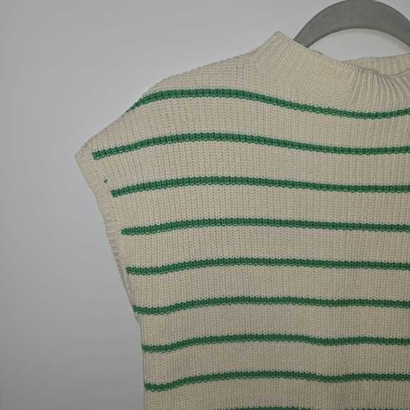 By Together Striped Knit Sweater Vest M Cream & Green Cotton Mock Neck Preppy - Picture 2 of 5